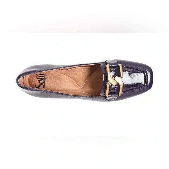 Sofft Navy Patent Leather Loafers with Gold Buckle - Picture 2 of 6